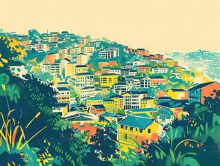 Fototapeta premium Risograph artsy riso print travel poster, card, wallpaper or banner illustration, modern, isolated, clear, simple of Kigali, Rwanda