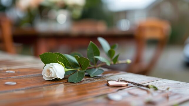 A pristine white rose lies next to a heart-shaped pendant on a rustic wooden table, symbolizing pure romance and nostalgia with a touch of rustic charm.