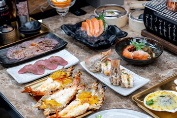 Various traditional Japanese food dishes on table, Japanese cuisine