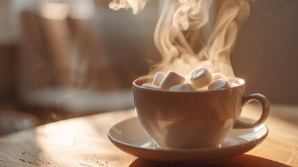 Fototapeta premium Close-up of a steaming cup of hot chocolate with abstract marshmallow shapes