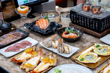 Various traditional Japanese food dishes on table, Japanese cuisine