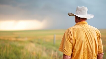 A solitary man wearing a hat and a yellow shirt is standing in an open field at twilight, admiring the vast landscape and the serene beauty of nature.