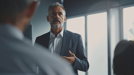 A businessman presenting key points to a small audience in a minimalist office setting with gentle, ambient light