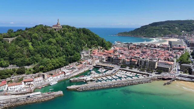 Harbour and old town San Sebastian Spain drone,aerial
