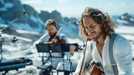 Obraz premium A group of musicians playing violins passionately amidst the breathtaking winter landscape of snowy mountains, capturing an inspiring and serene outdoor musical performance.