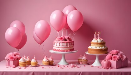 Birthday glamour card with flower, balloons and cakes and background of luxury turkish life, digital future with pink color, pink flower 