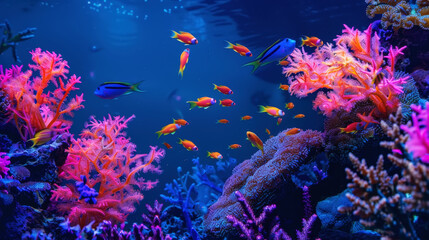 Naklejka premium Exotic oceanic colorful fluorescent coral reef with fishes on blue background. Aquarium hobby. Generative AI