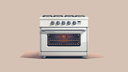 Fototapeta premium Stylized illustration of a modern white gas oven with a lit interior, displayed on a plain beige background.