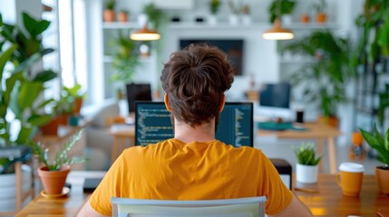 A developer sits at a desk coding on dual monitors in a home office filled with plants and modern design elements, highlighting the fusion of nature and technology.