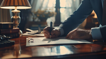 Businessman finalizing a document with his signature in a neat, softly lit office 