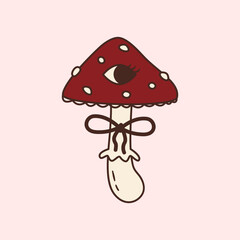 Hand drawn psychedelic mushroom with an eye. Abstract drawing of strange amanita with bow ribbon. Vintage halloween decoration. Mystic vector illustration