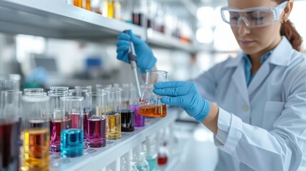 Fototapeta premium A female scientist uses a pipette to transfer colorful liquids between containers in a laboratory, symbolizing precision and innovation in scientific research.