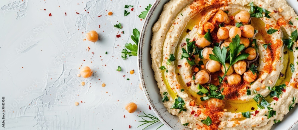 Poster text space available for caption on a flat lay with a tasty hummus dish featuring chickpeas and papr