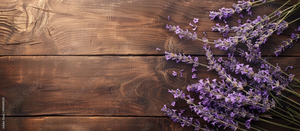 Aufkleber Top view of a lovely display with preserved lavender flowers on wooden table ideal for adding text in the copy space image