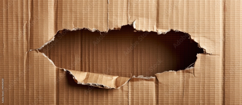 Aufkleber corrugated cardboard box torn with noticeable hole revealing empty space suitable as copy space imag