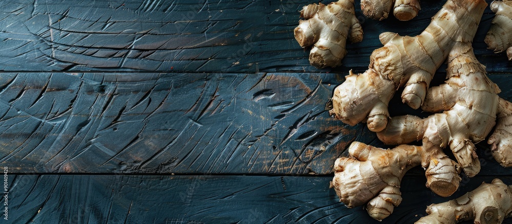 Poster ginger roots on a dark wooden backdrop with copy space image