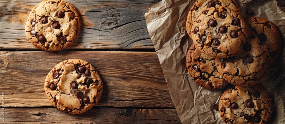 Poster Homemade chocolate chip cookies on a wooden table creating a rustic atmosphere for this delicious photo with copy space image