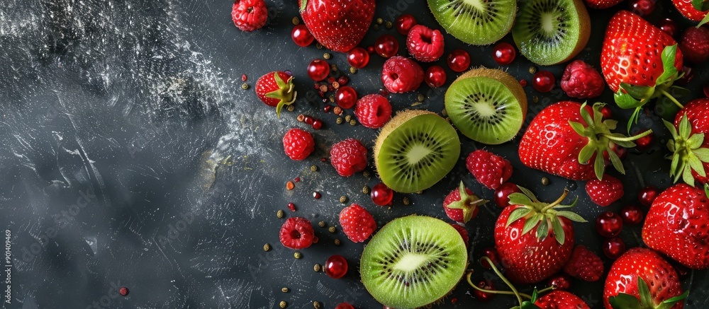 Poster Red strawberries and green kiwi beautifully arranged on a dark metallic backdrop along with sliced kiwi and red berries displayed on a vintage background depicting a vegetarian dish in a top view wit