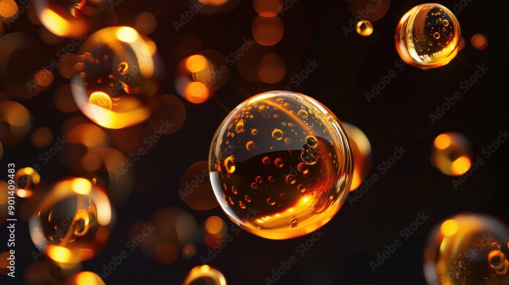 Poster a large orange sphere with smaller bubbles and bokeh lights