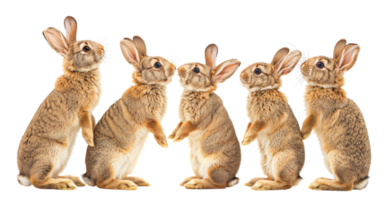 Five Curious Bunnies: A charming lineup of five adorable bunnies standing tall, their ears perked up with curiosity. This image evokes feelings of wonder and playfulness, perfect for children's books,