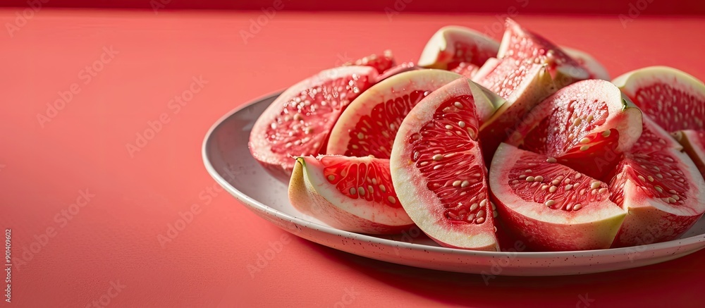 Poster photograph showcasing slices of malay apple and guava on a plate against a red background with room 