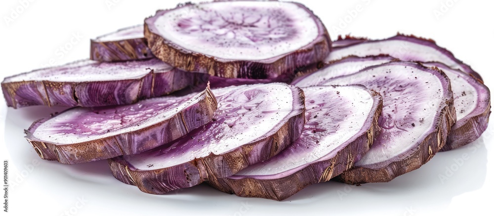 Poster Taro slices displayed on a clear white background with copy space image