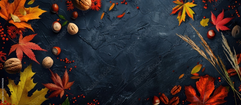 Poster Colorful fall foliage nuts and grass in a corner border atop a rustic dark banner background shown from above with a copy space image below