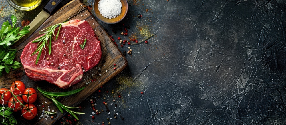Aufkleber a large piece of beef is on a cutting board with spices like salt pepper and olive oil placed around