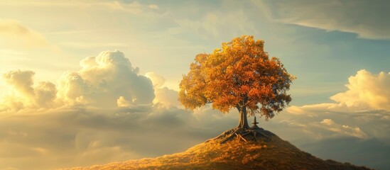Copy space image of the peak of a bodhi tree in the crisp autumn sky