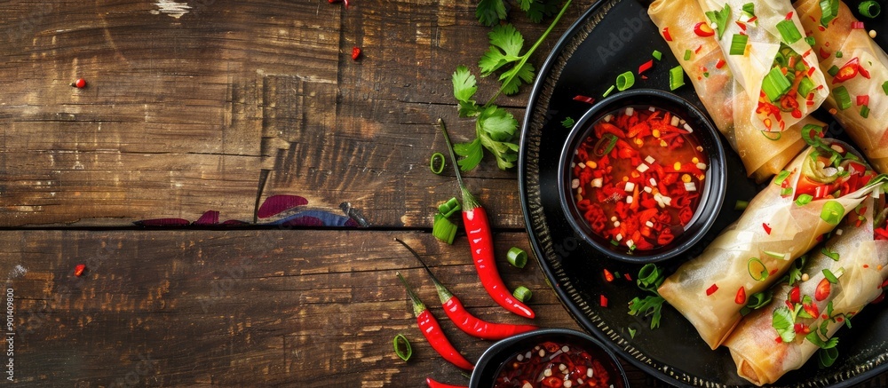 Poster focused photography of chinese spring rolls with sweet chili sauce on a wooden table with space for 