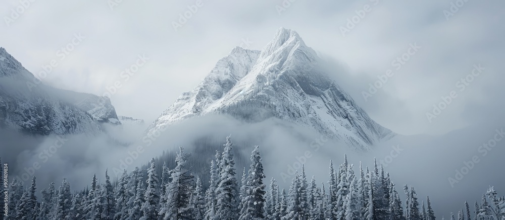 Poster winter mountain landscape featuring snow covered spruce trees on towering peaks under a cloudy sky w