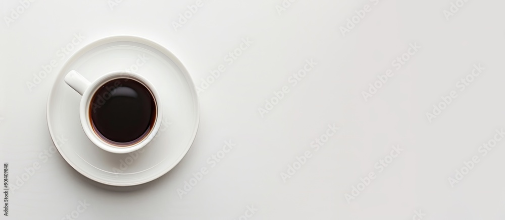 Poster top down view of a white plate and cup on a white background with no people present providing a blan