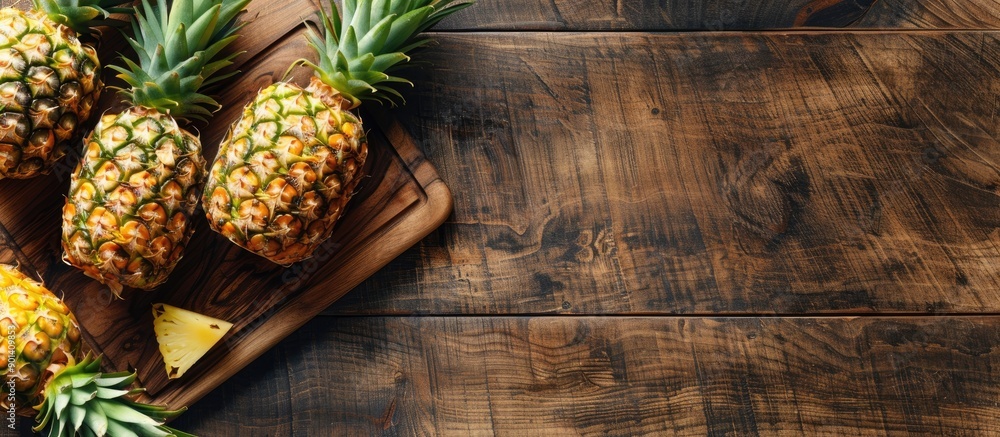 Poster Pineapple on a cutting board displayed on a wooden table with ample copy space image