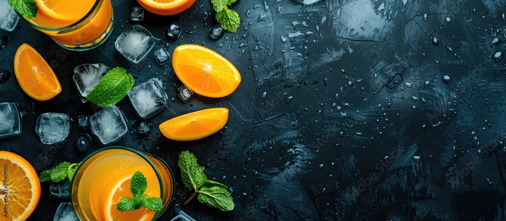 Aufkleber Top down view of fresh orange juice orange slices mint leaves and ice on a dark backdrop with ample space for additional content like a logo or text copy space image