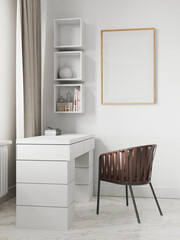 Interior home work desk mockup poster wood frame in empty picture, element interior vertical, on the wall. in illustration 3d render