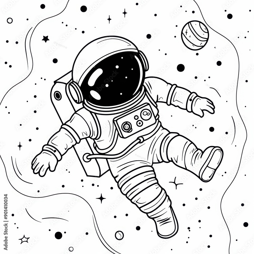 Poster a single astronaut floating in space surrounded by stars. coloring book line art design vector illus