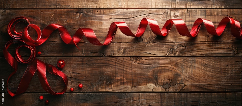 Poster A section of red ribbon on a wooden table creating a festive Christmas background with copy space image
