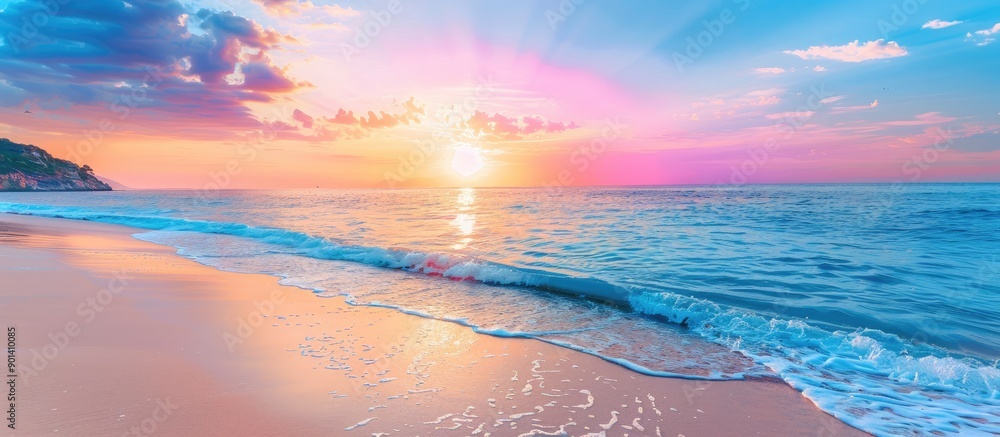 Poster Sunrise or sunset sky over a tropical beach with a beautiful beach setting in summer suitable for copy space image
