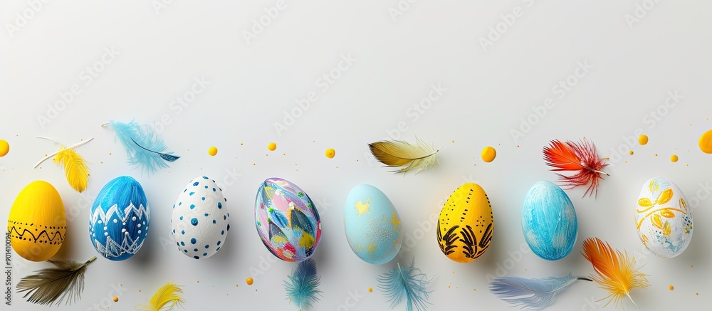 Poster easter holiday themed flat lay with colored handmade eggs painted with feathers on a white backgroun