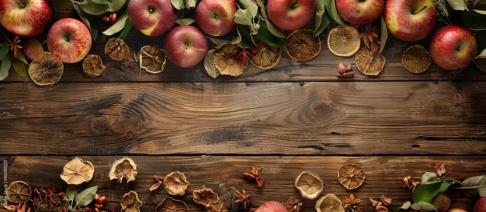 Poster wooden background with a copy space image featuring a mix of dried and fresh apples