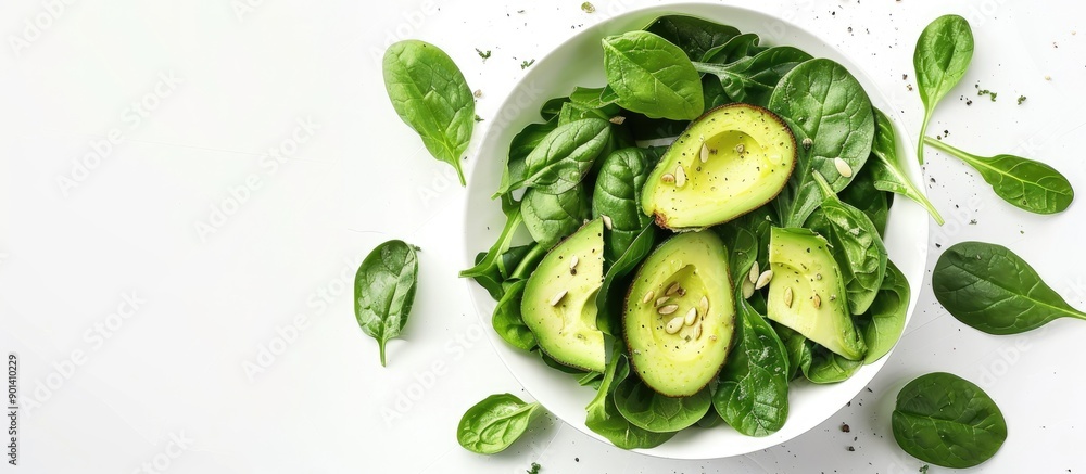 Poster a vegan healthy avocado and spinach salad is set against a white background with ample copy space im