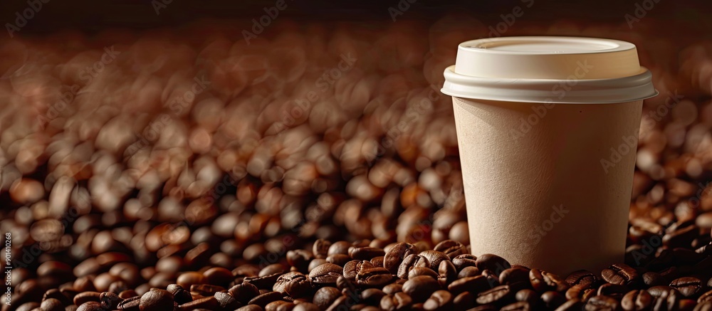 Poster Coffee cup in close up on a studio background of coffee beans with copy space image