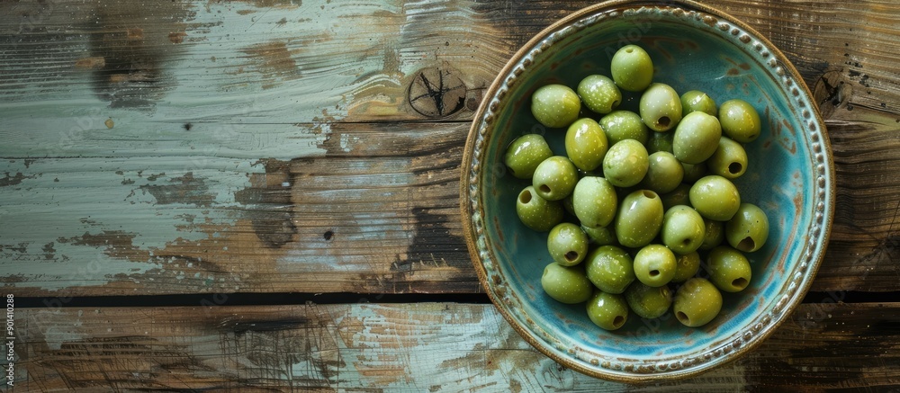 Poster top view of a ceramic plate with green olives on a rustic wooden table with ample copy space image