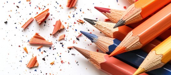 A close up image of assorted sharpened pencils with a sharpener shavings on a white background providing space for text or messaging. copy space available