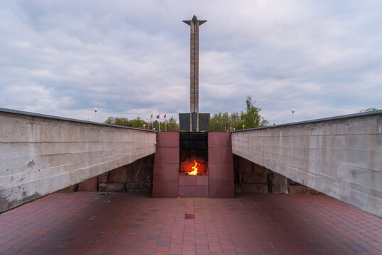 Tver, Russia - May 12, 2024: View of the eternal flame on the embankment of the Volga River. Memorial complex of the Great Patriotic War.