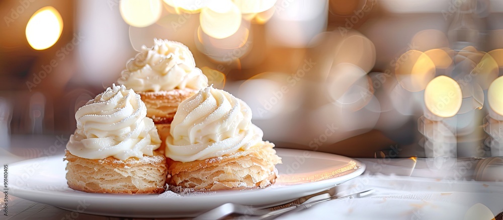 Poster vanilla cream puff cakes served on a white plate with a blurred background creating a copy space ima