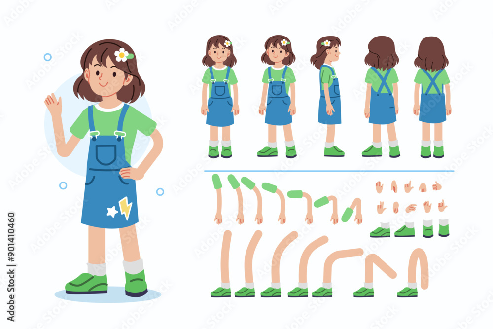 Poster school girl character constructor for animation. front, side and back view. body parts and postures 
