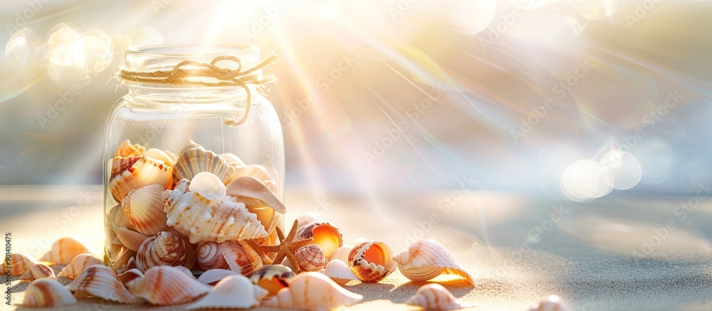 Poster A glass jar filled with seashells on a bright white background with sunlight shining on them evoking memories of summer holidays and vacations Ideal for a copy space image