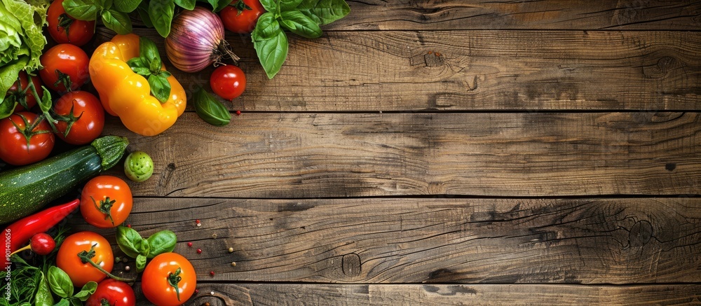 Poster position a collection of fresh organic vegetables on a wooden surface to create a visually appealing