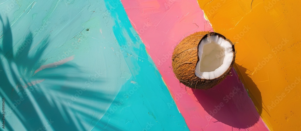 Poster an overhead view of a cracked coconut on a colorful backdrop with copy space image